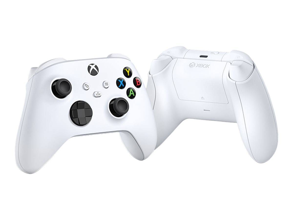 Weißer Xbox-Wireless-Controller von vorne und hinten gezeigt, mit schwarzen Analogsticks, D-Pad und farbigen A/B/X/Y-Tasten.