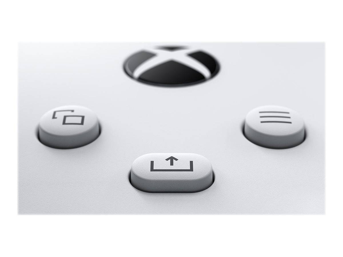 Nahaufnahme eines Xbox-Controllers: Xbox-Logo-Taste oben, darunter Menu-, View- und Share-Tasten.