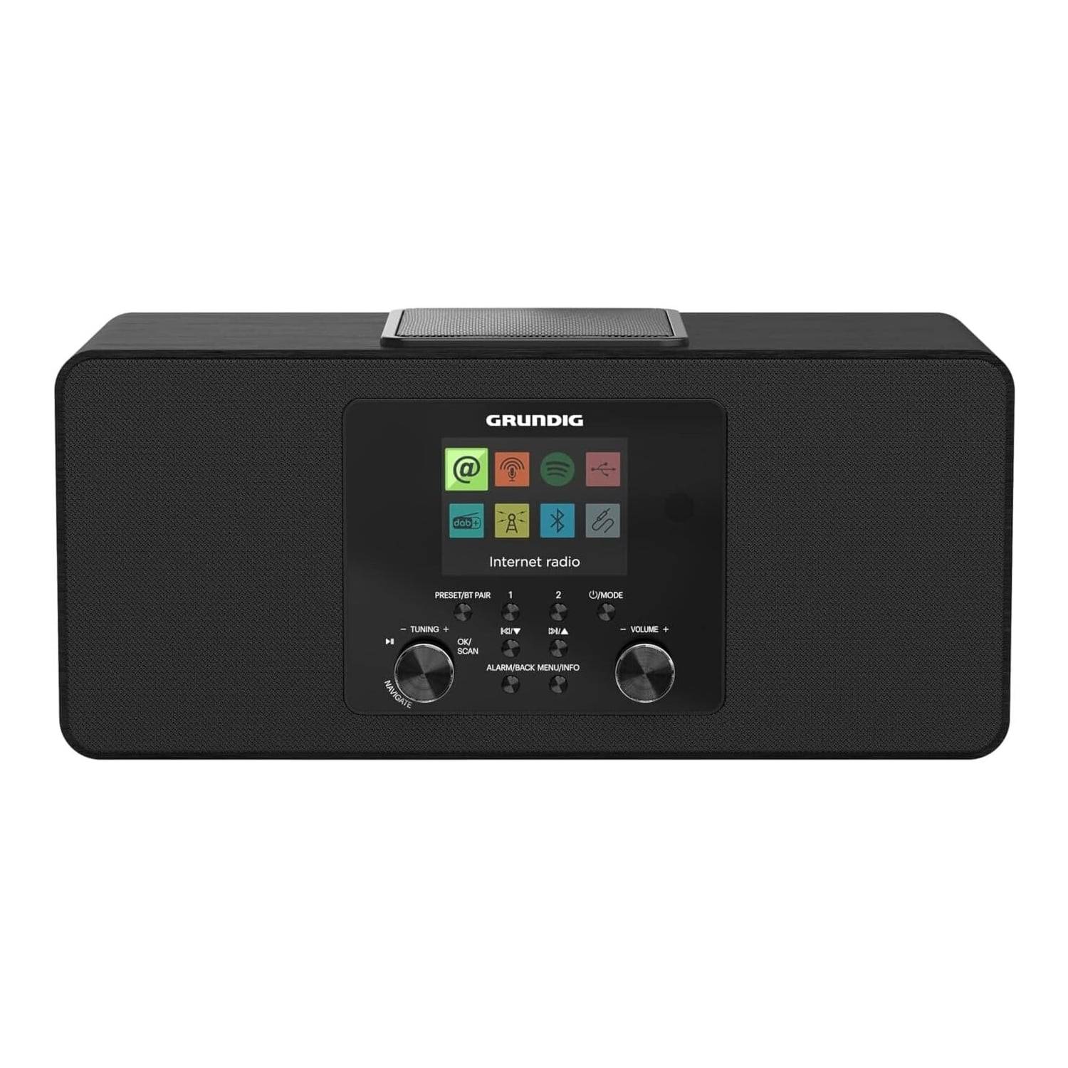 Schwarzes Grundig-Internetradio mit Display, Abstimmrad, Voreinstellungstasten und Lautstärkeregler.