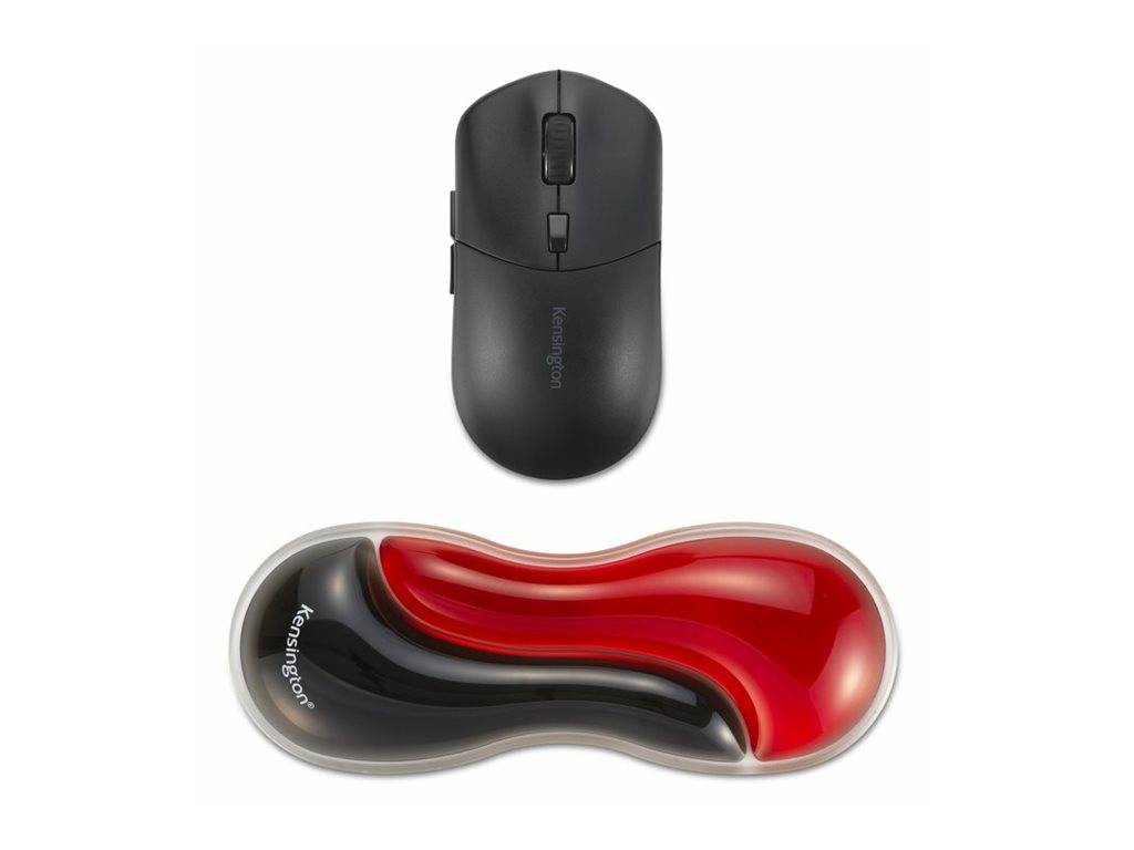 Zwei kabellose Computermäuse auf weißem Hintergrund gezeigt: Eine schwarze Standard-Maus oben und eine rot-schwarze ergonomische Maus unten.