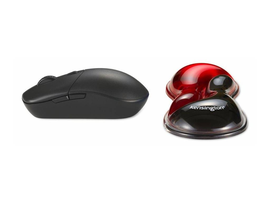 Zwei Computermausgeräte nebeneinander gezeigt: eine schwarze kabellose Maus auf der linken Seite und eine rote Trackball-Maus auf der rechten Seite mit Kensington-Branding.