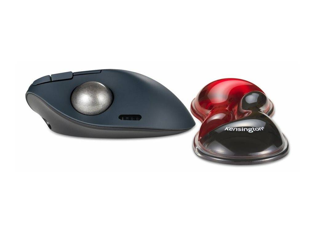 Zwei nebeneinander angeordnete Computer-Trackball-Mäuse: eine dunkelgraue ergonomische Maus mit einer silbernen Trackball und eine glänzende rot-schwarze Kensington-Trackball-Maus.