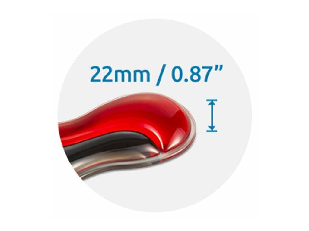 Diagramm eines roten, spitz zulaufenden gekrümmten Objekts mit einer Breitenmessung von 22 mm (0,87 Zoll).