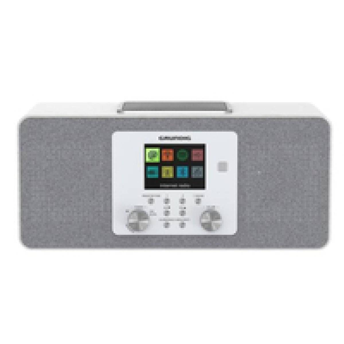 Ein rechteckiger Tischradio mit digitaler Anzeige und Bedienknöpfen, mit kompaktem und modernem Design.