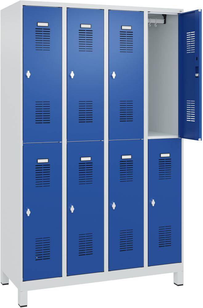 FORMAT Garderobenschrank B1200xT500xH1950 mm RAL7035/5010, 4x2 Abteileu. Füße (Selbstmontage) - Artikel: 7830372819