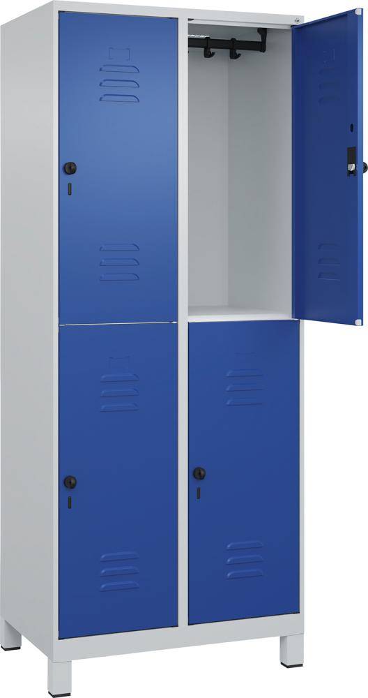 Doppelst. Schrank CLASSICB800xT500xH1950 mm RAL 7035/5010, 2x2Abteilemit 100 mm hohen Füßen - Artikel: 7830373313