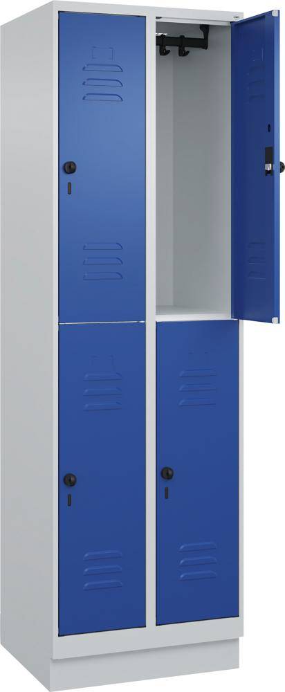 Doppelst. Schrank CLASSICB600xT500xH1950 mm RAL 7035/5010, 2x2Abteilemit 100 mm hohem Sockel - Artikel: 7830373352