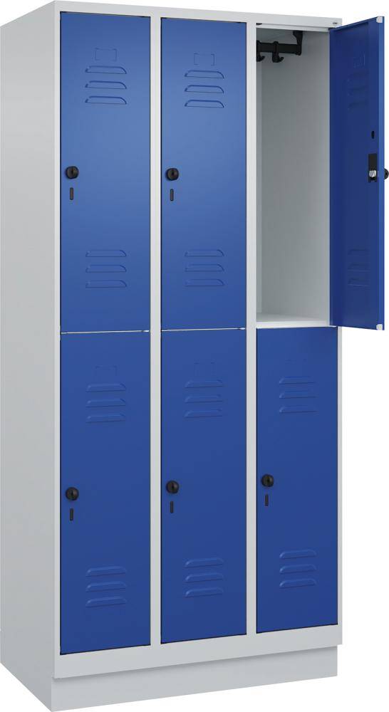 Doppelst. Schrank CLASSICB900xT500xH1950 mm RAL 7035/5010, 3x2Abteilemit 100 mm hohem Sockel - Artikel: 7830373354