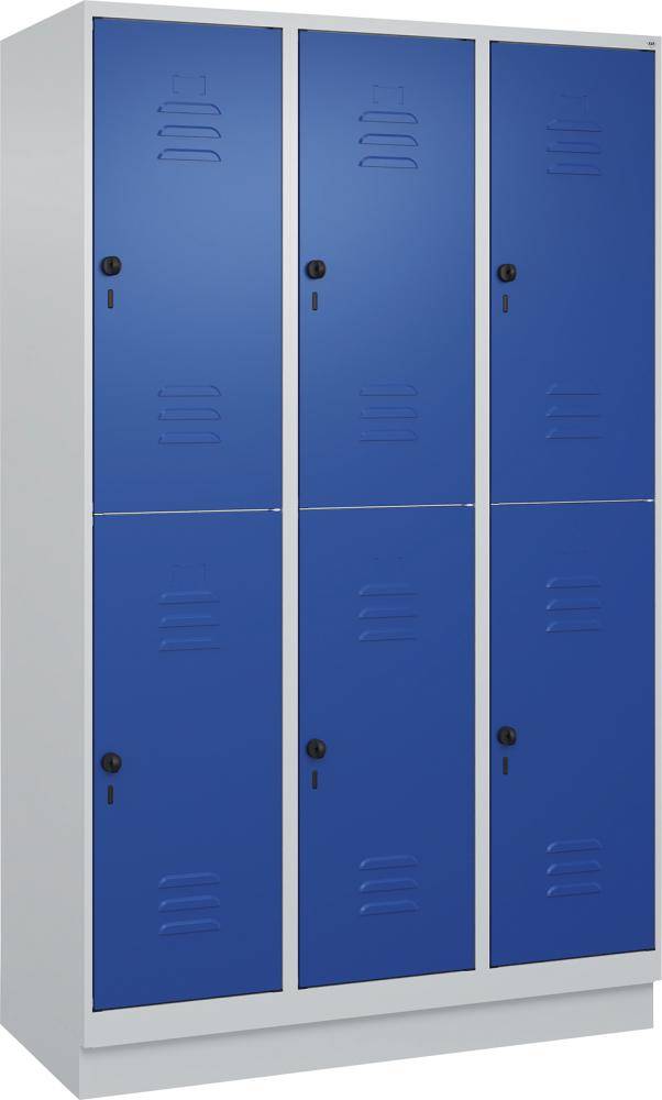 Doppelst. Schrank CLASSICB1200xT500xH1950 mm RAL 7035/5010, 3x2Abteilemit 100 mm hohem Sockel - Artikel: 7830373355