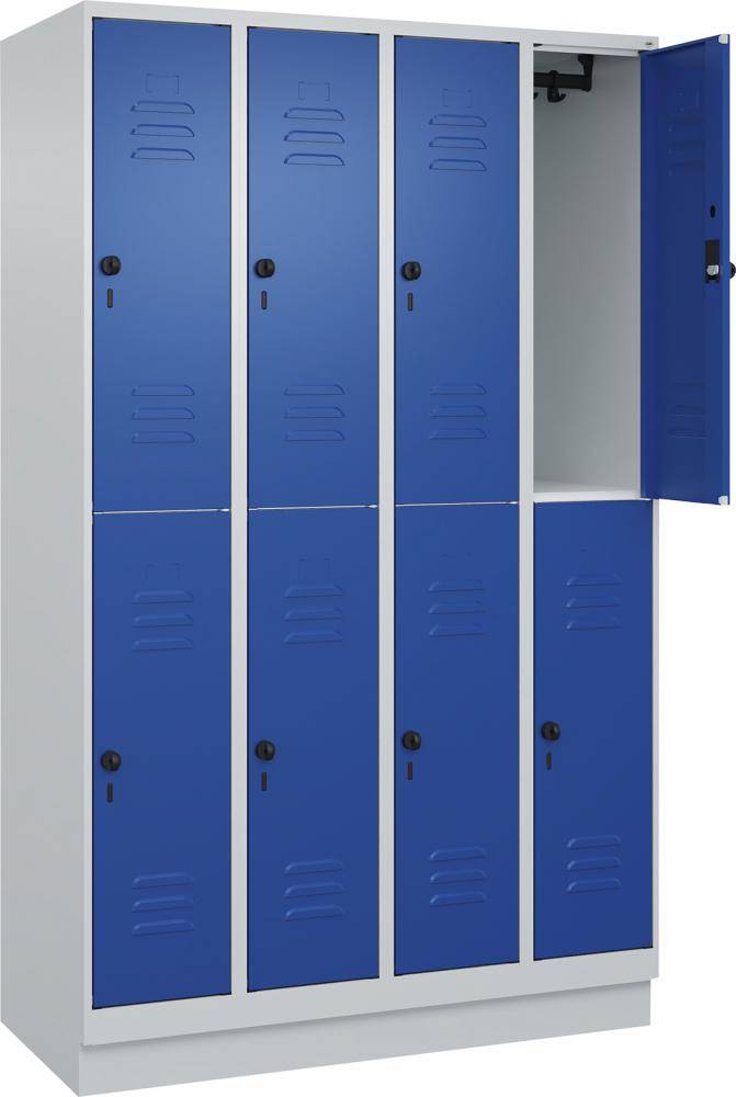Doppelst. Schrank CLASSICB1200xT500xH1950 mm RAL 7035/5010, 4x2Abteilemit 100 mm hohem Sockel - Artikel: 7830373356