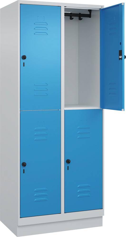 Doppelst. Schrank CLASSICB800xT500xH1950 mm RAL 7035/5012, 2x2Abteilemit 100 mm hohem Sockel - Artikel: 7830373363