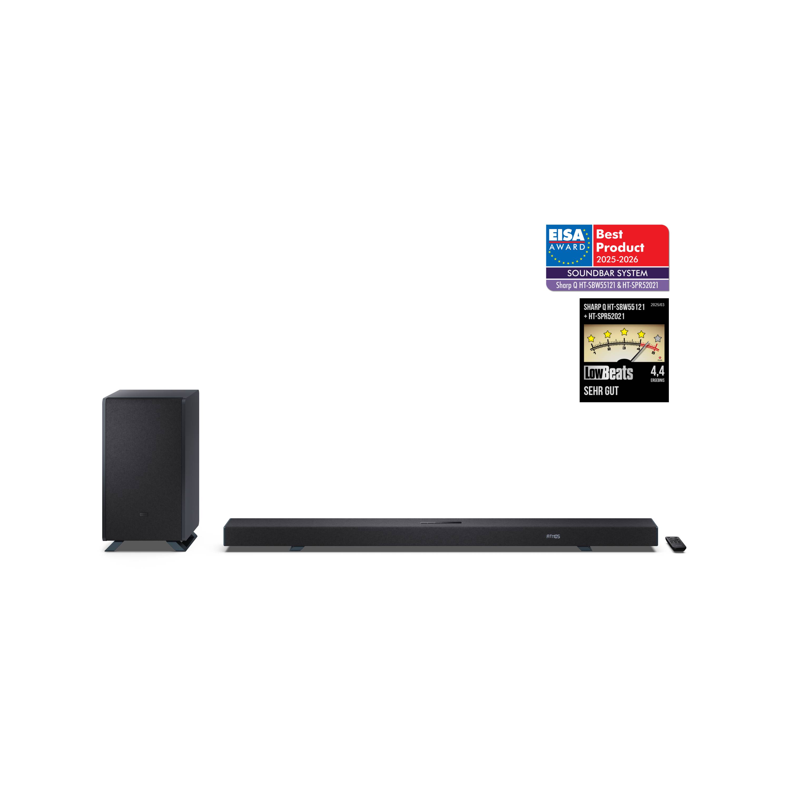 Sharp HT-SBW55121 Dolby Atmos Soundbar 5.1.2 mit DTS:X, kabellosem Subwoofer, HDMI eARC und Bluetooth 5.3