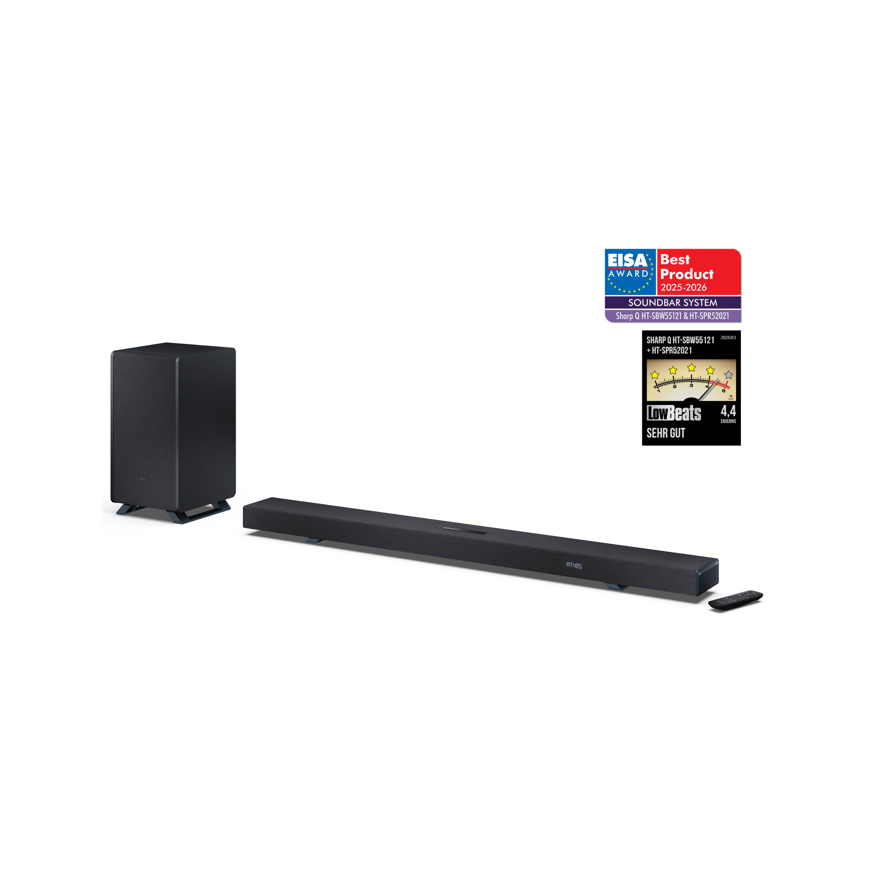Sharp HT-SBW55121 Dolby Atmos Soundbar 5.1.2 mit DTS:X, kabellosem Subwoofer, HDMI eARC und Bluetooth 5.3
