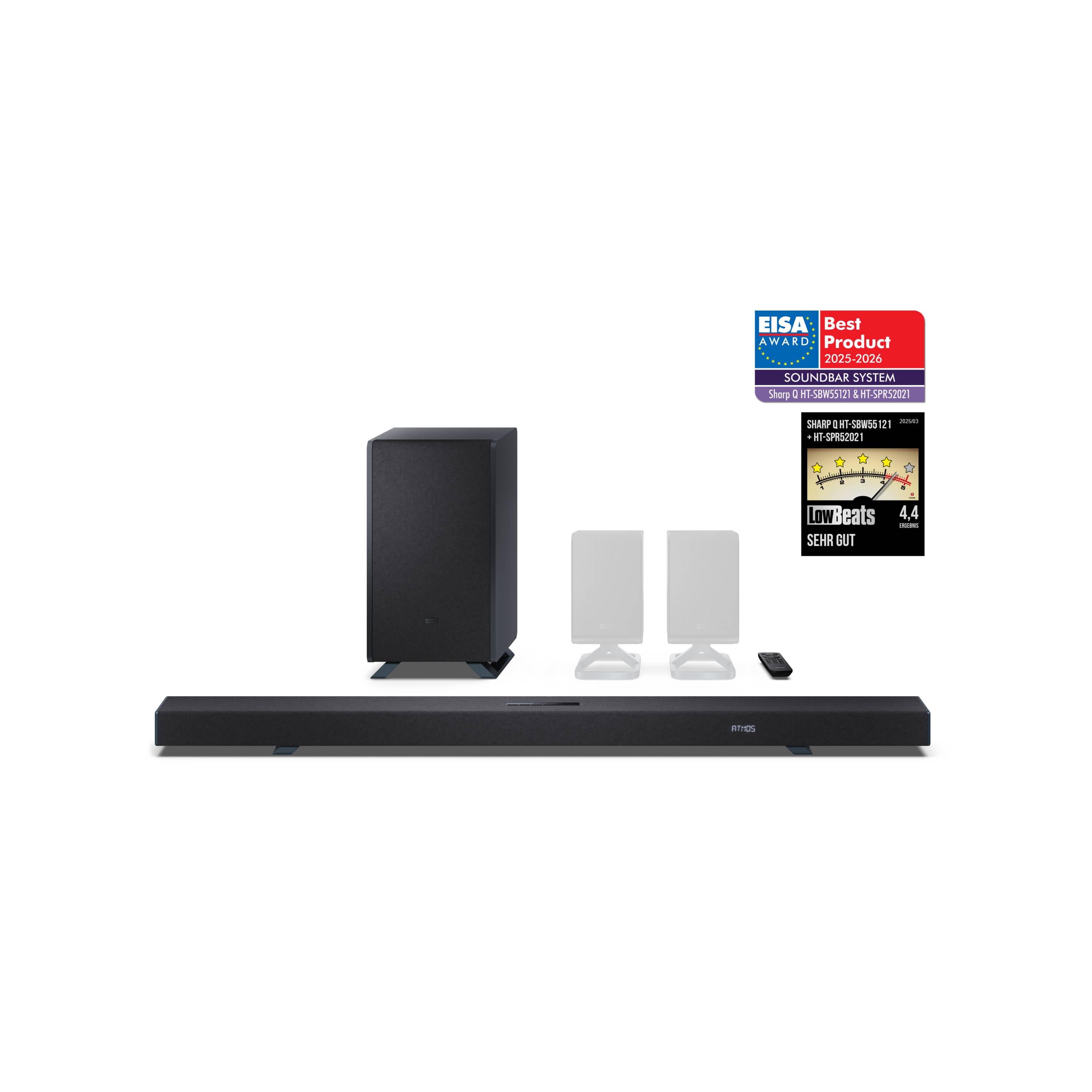 Sharp HT-SBW55121 Dolby Atmos Soundbar 5.1.2 mit DTS:X, kabellosem Subwoofer, HDMI eARC und Bluetooth 5.3