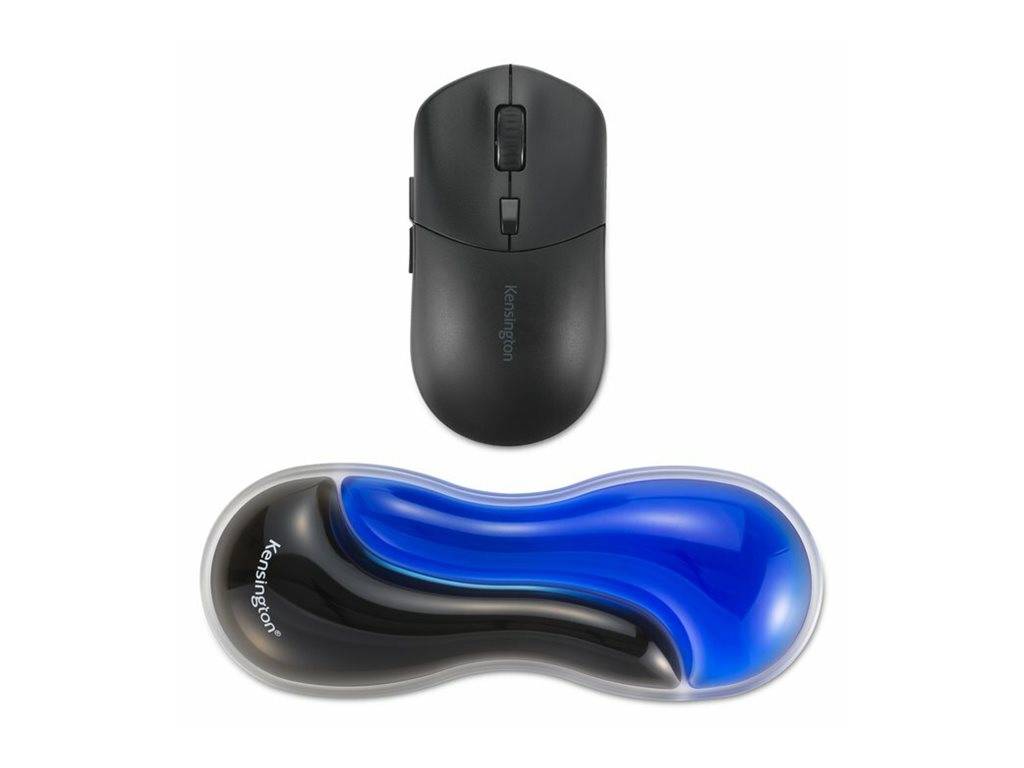 Zwei ergonomische kabellose Computermäuse auf weißem Hintergrund, eine aufrecht und eine Seitenansicht in Schwarz und Blau.