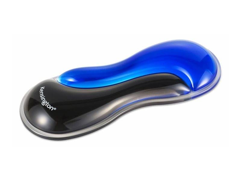 Blaue und schwarze kabellose Kensington-Maus mit einem glatten, ergonomischen, konturierten Design auf weißem Hintergrund.