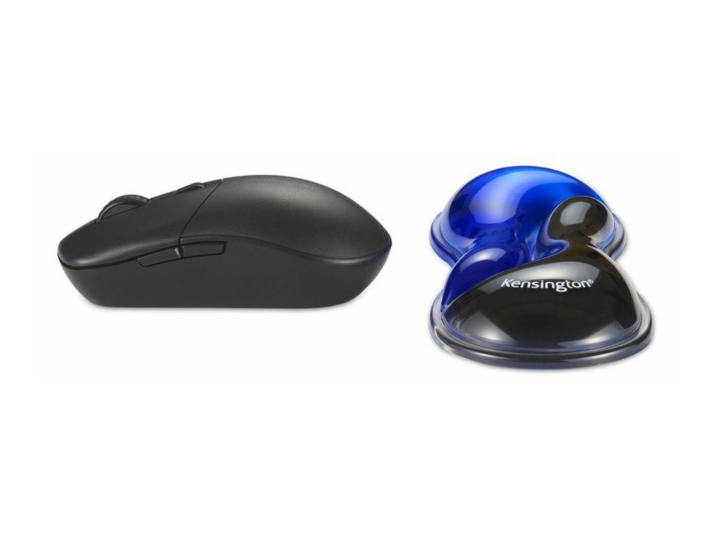 Nebeneinander angeordnete Computermäuse: eine schwarze Standard-Maus auf der linken Seite und eine durchscheinend blaue Kensington-Trackball-Maus auf der rechten Seite.