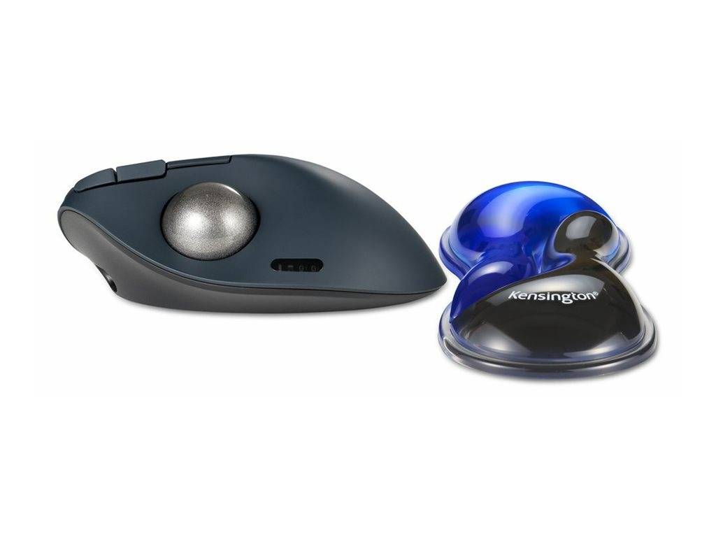 Zwei Kensington-Trackball-Mäuse nebeneinander gezeigt: ein dunkelgraues Modell mit einer silbernen Kugel und ein kleineres blau-schwarzes Modell mit einer durchsichtigen Kuppel.