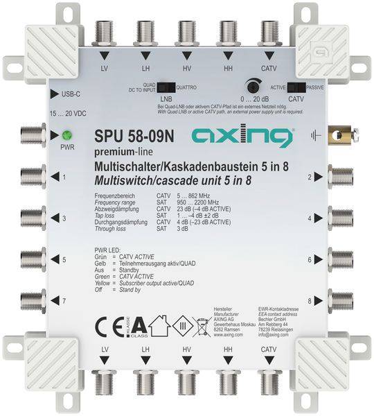 Axing SPU 58-09N Multischalter-Modul mit beschrifteten Koaxialports und Status-LEDs, verwendet zur Verteilung von Satellit-/CATV-Signalen.