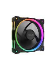 Schwarzer Computer-Kühlungslüfter mit RGB-LED-Ring und ASUS-Logo auf weißem Hintergrund.