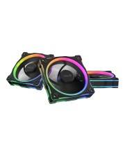 Zwei RGB-beleuchtete Computer-Kühlventilatoren auf weißem Hintergrund mit regenbogenfarbenen LED-Ringen um die Ventilatorrahmen.
