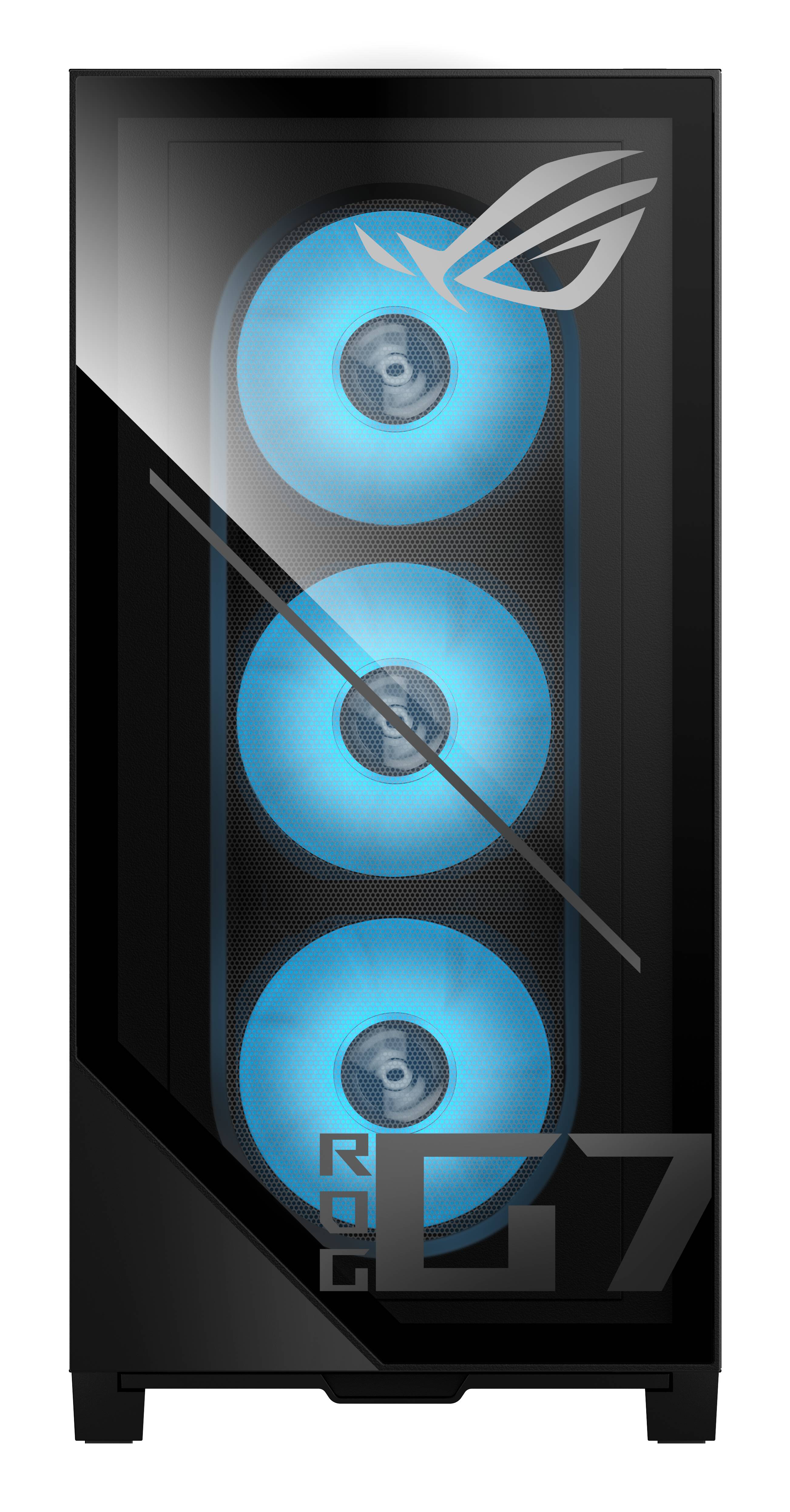 Ein schwarzes Gaming-Computergehäuse mit einer Glasseite, auf der drei große, vertikal angeordnete Lüfter mit blauer Beleuchtung zu sehen sind.