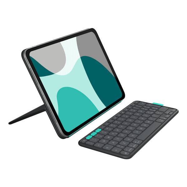 Tablet mit abnehmbarer Tastatur und Ständer, in Landschaftsorientierung auf weißem Hintergrund dargestellt.