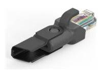 Ein schwarzer Ethernet-Kabelstecker mit einer Kunststoffklemme, in dem farbige Kabel sichtbar sind.