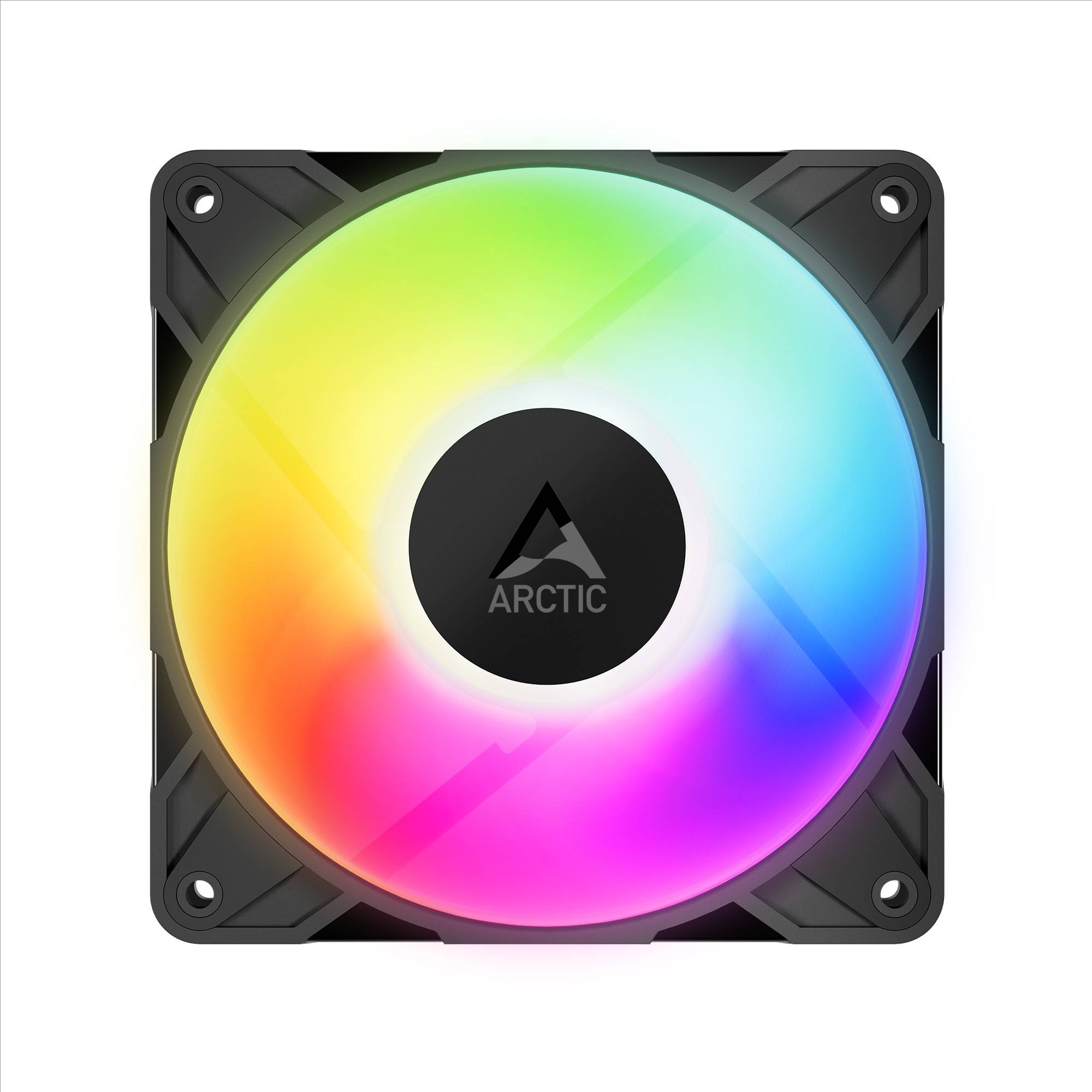 Ein quadratisches ARCTIC RGB Computer-Gehäuselüfter mit regenbogenbeleuchtetem kreisförmigem Lüfterblatt und schwarzem Rahmen auf weißem Hintergrund.