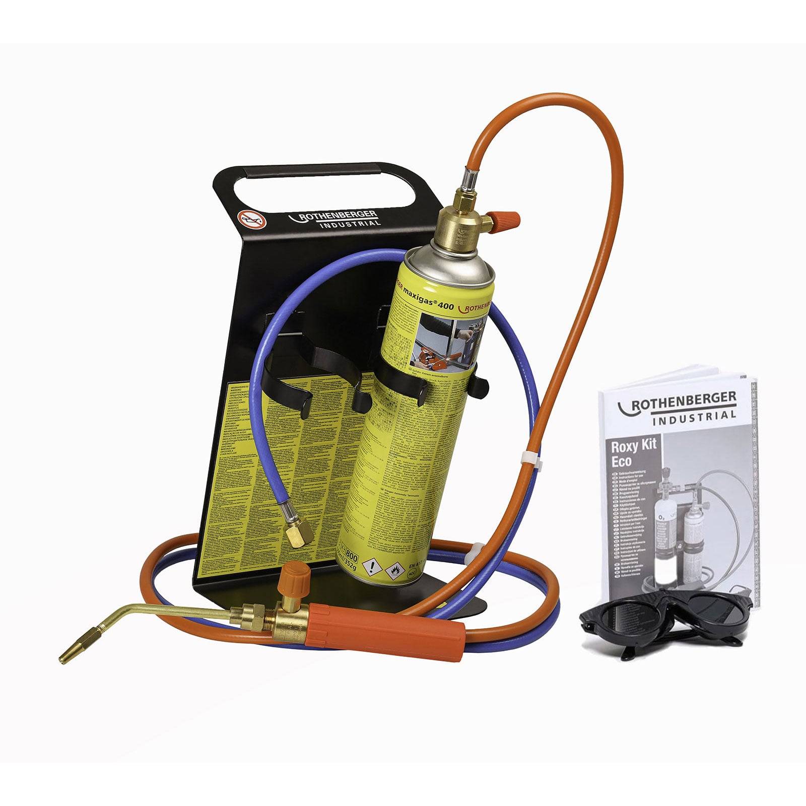 Ein Propanbrennerset mit einer gelben Gasflasche, Zündungsknopf und Düse, zusammen mit einer Bedienungsanleitung und Schutzbrille.