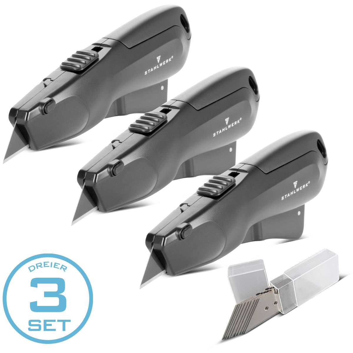 STAHLWERK Cuttermesser UCM-19 ST 3er Set inkl. 10 Schnellwechsel-Klingen