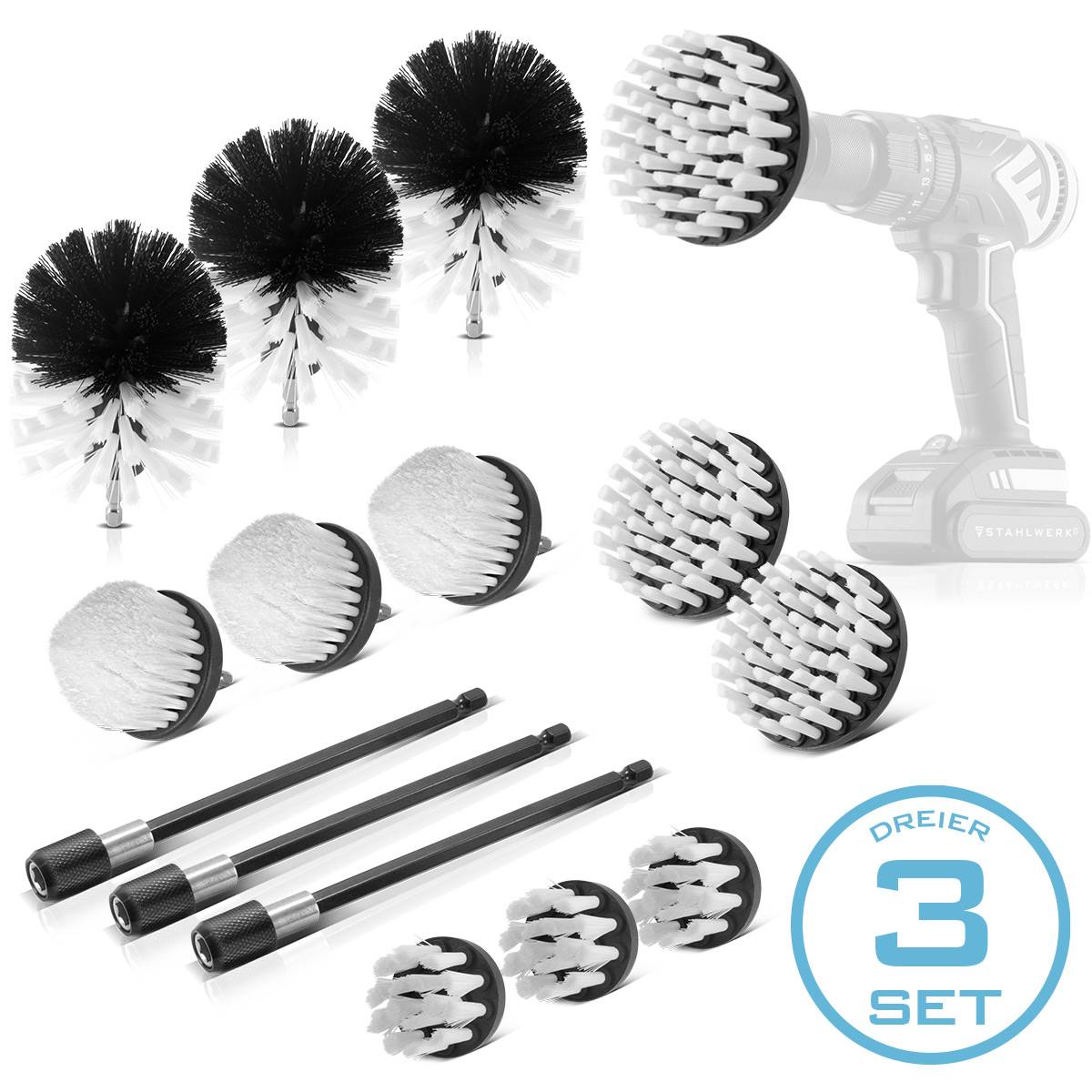 STAHLWERK Bürsten-Aufsatz 15er Set für Akkuschrauber und Bohrmaschinen