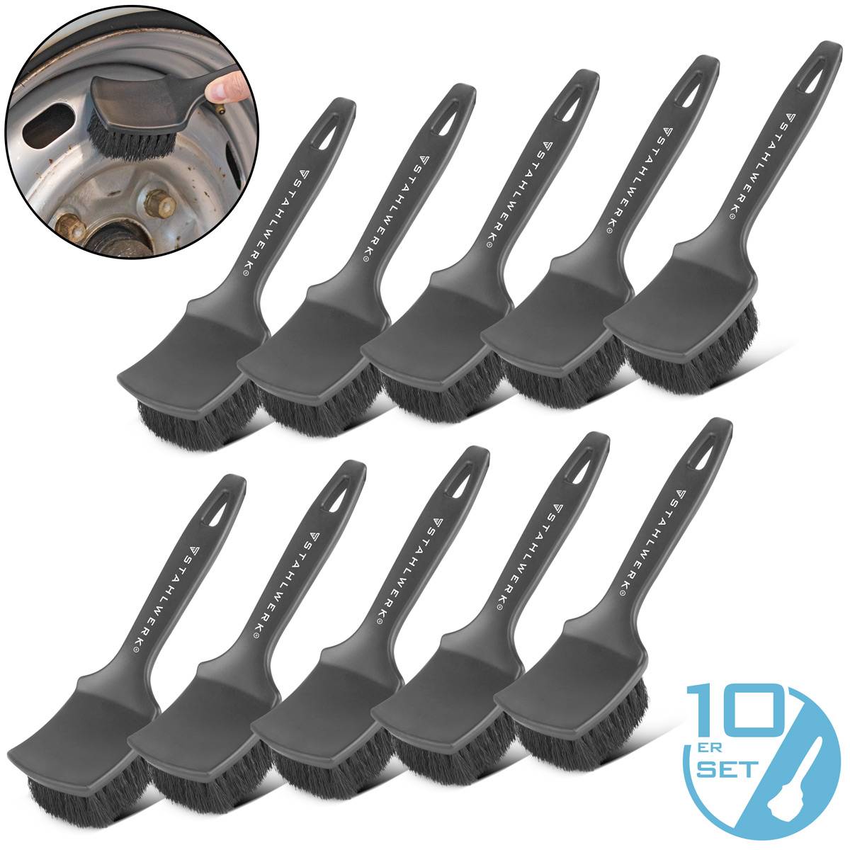 STAHLWERK Felgenbürste 10er Set Autoreinigungsbürste Radbürste Pflegebürste