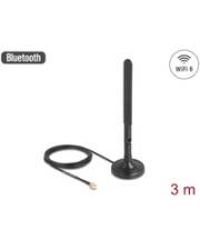 Eine schwarze drahtlose Antenne mit Kabelanschluss. Etiketten zeigen Bluetooth- und WiFi-6-Kompatibilität, und die Kabellänge beträgt 3 Meter.