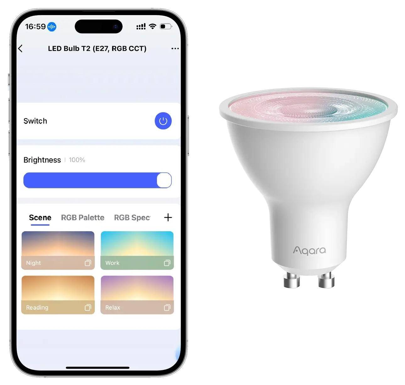 Smartphone-App zur Steuerung einer Aqara LED-Lampe mit Ein-/Ausschalter, Helligkeitsregler und Szenenvoreinstellungen für ein intelligentes RGB-Licht.