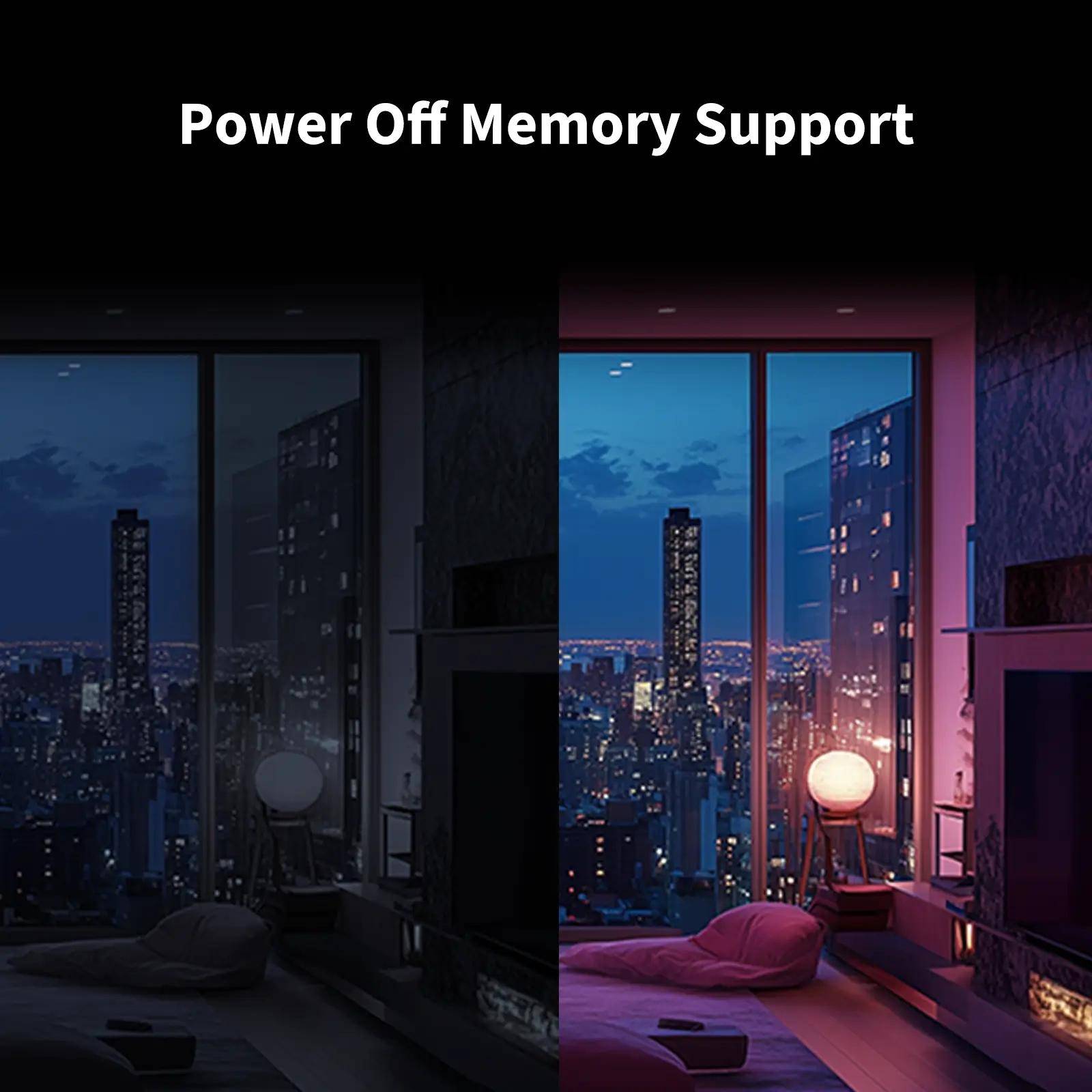 Split-Screen-Schlafzimmer mit Stadtblick, das die dunkle „Power Off Memory Support