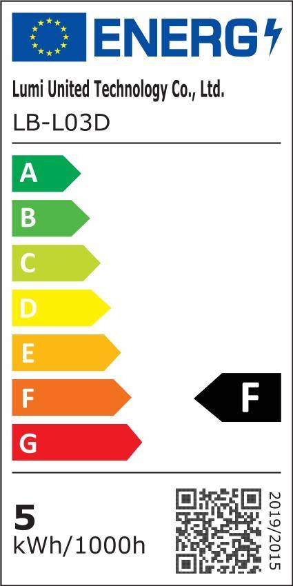 EU-Energielabel für Lumi United Technology Co., Ltd. LB-L03D Glühbirne, Klasse F, 5 kWh/1000h, mit QR-Code und EU-Flagge.