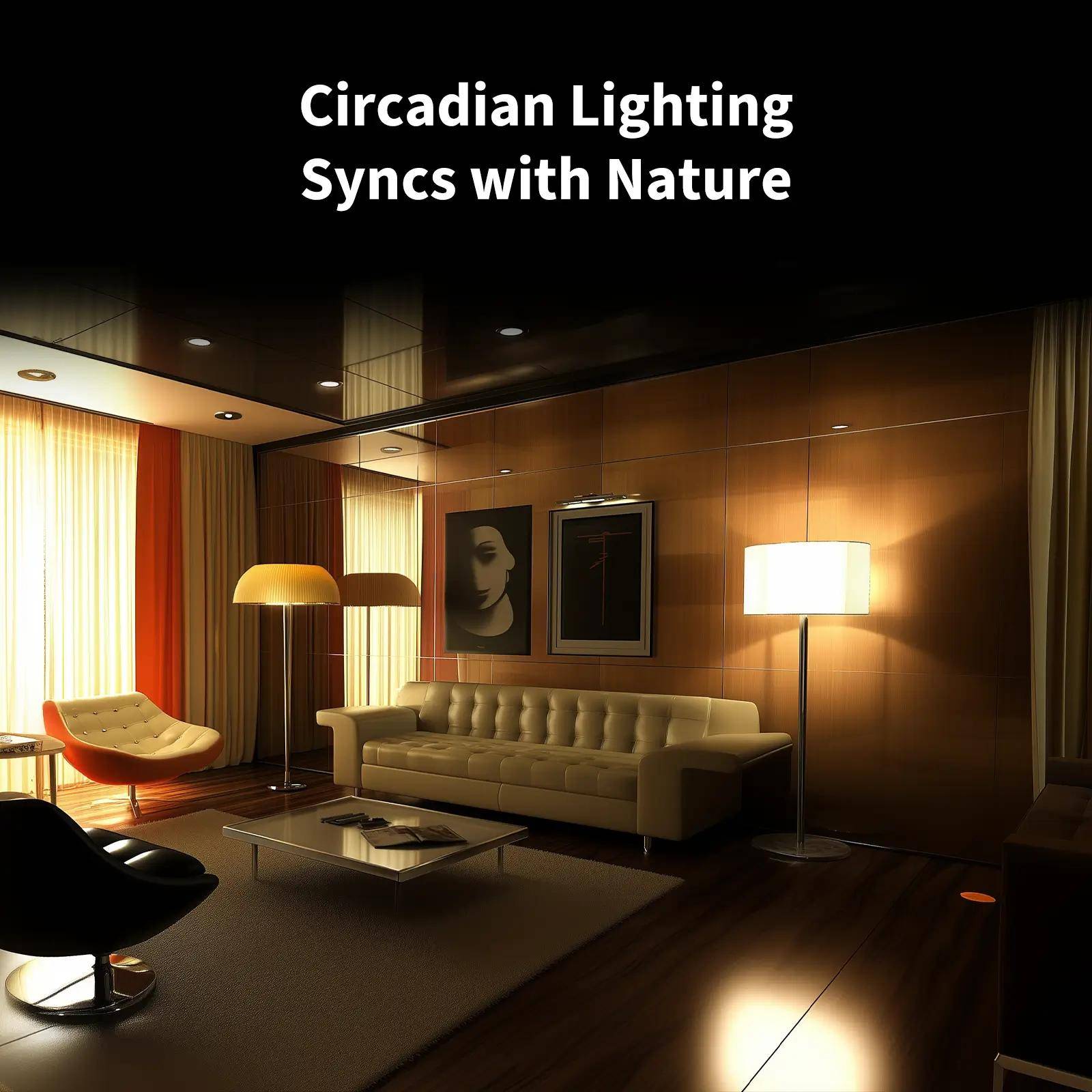 Modernes Wohnzimmer beleuchtet durch warme Lampen, das „Zirkadiane Beleuchtung synchronisiert sich mit der Natur