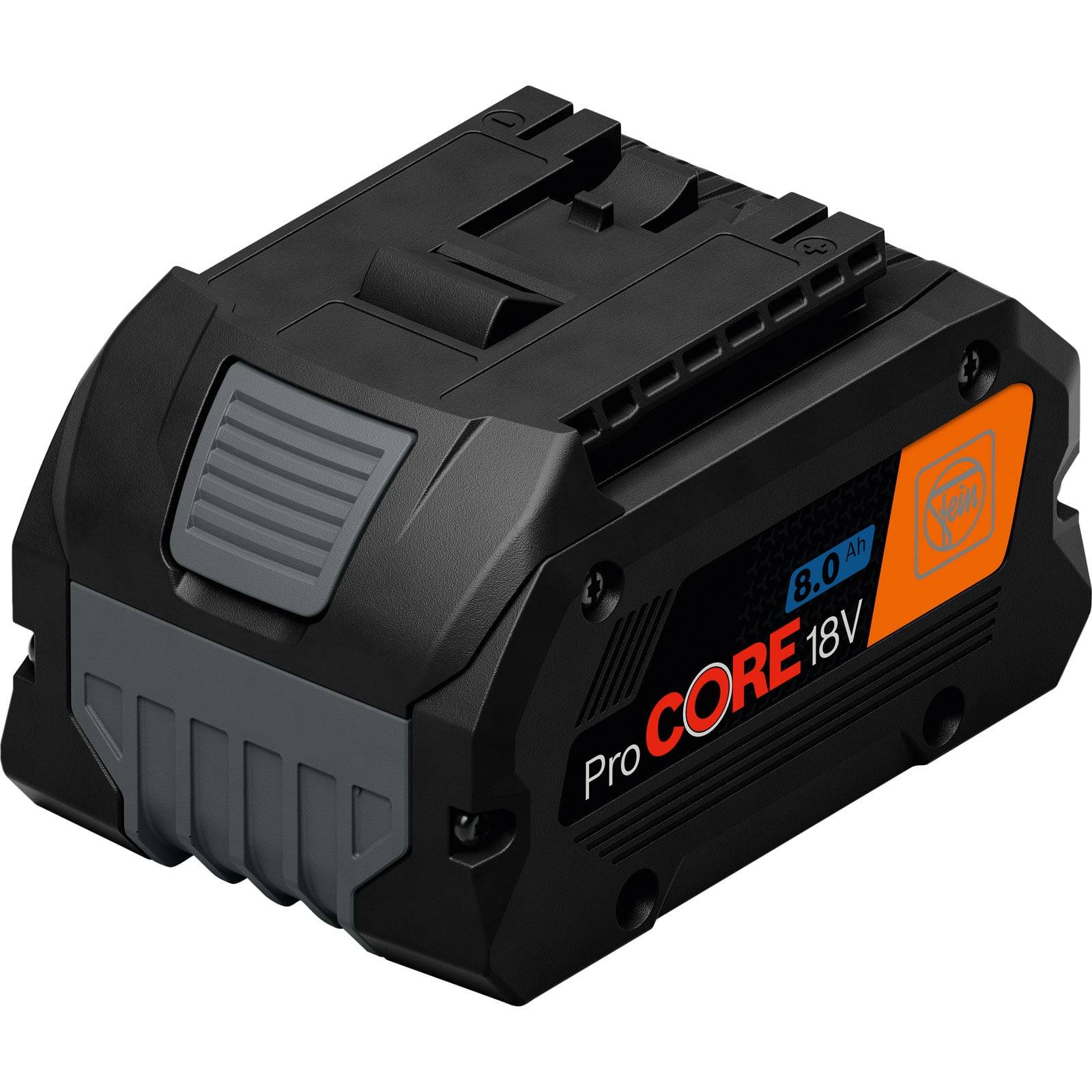 Ein schwarzer und orangefarbener Bosch ProCORE 18V 8,0 Ah Akkupack, entwickelt für Elektrowerkzeuge, mit robuster Konstruktion und kompaktem Design.