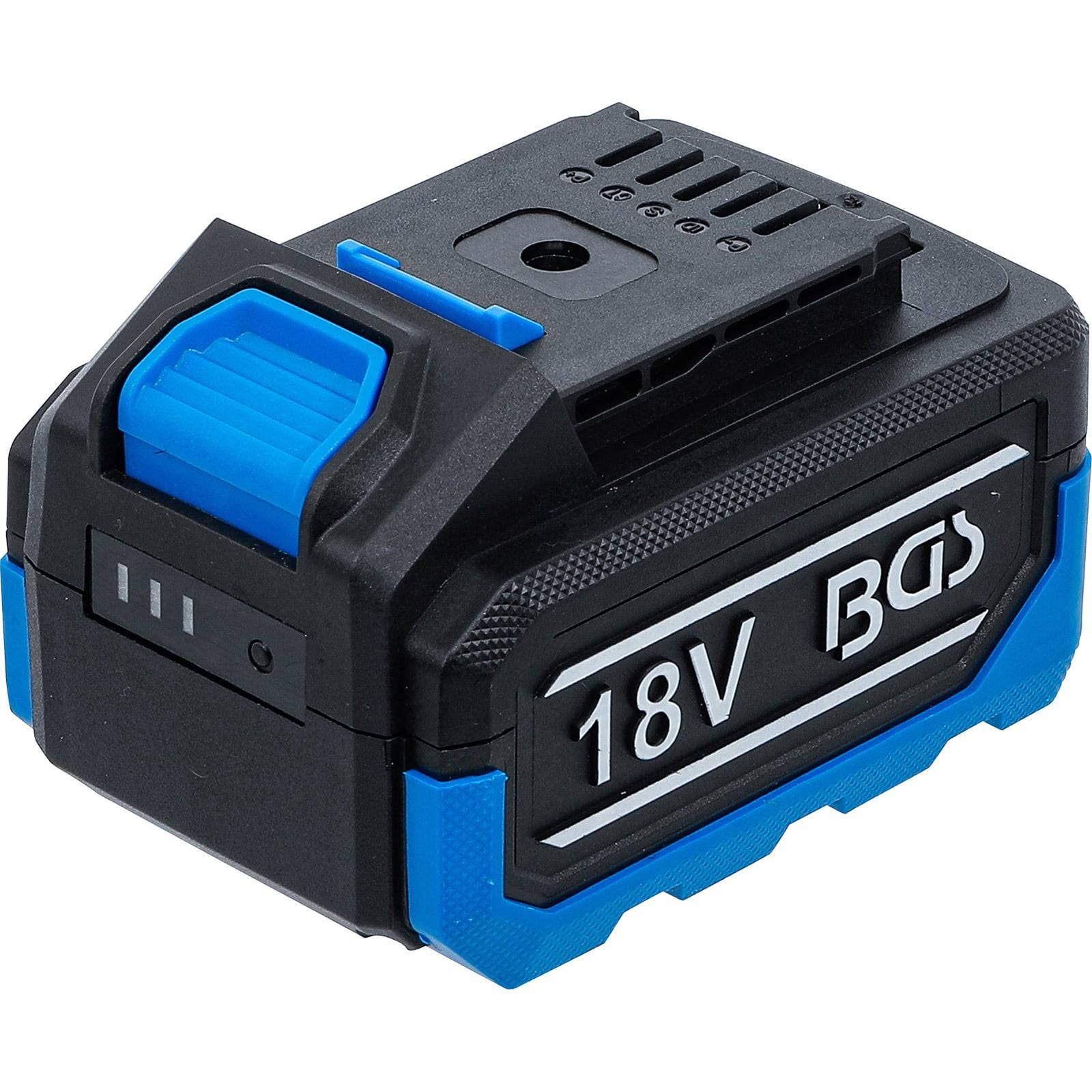 18V-Akkupack mit LED-Ladeanzeigen; weist ein blaues und schwarzes Design auf, geeignet zum Antrieb kompatibler kabelloser Werkzeuge.