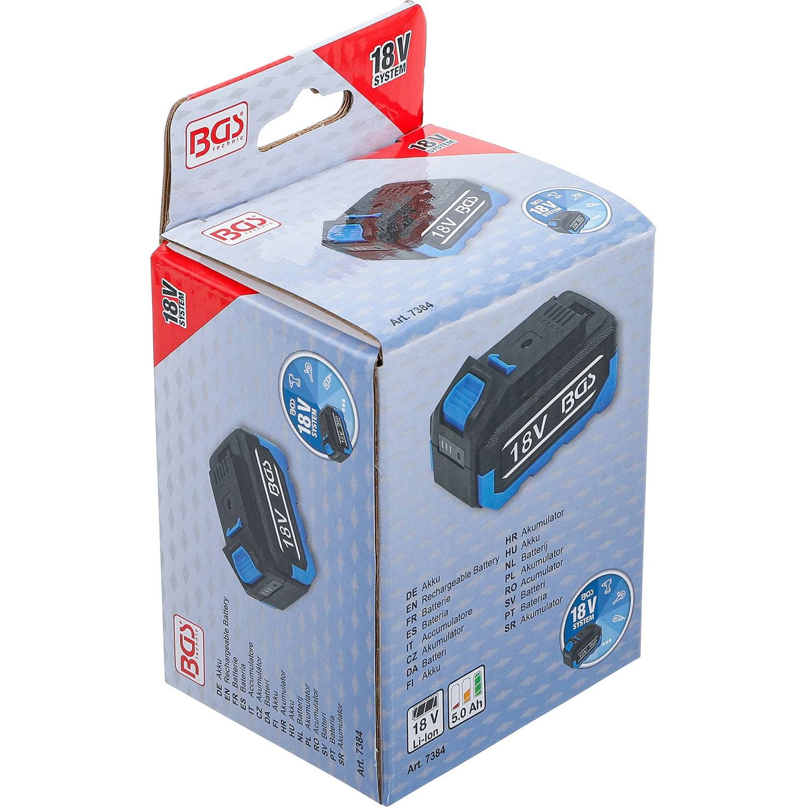 Eine blaue und schwarze 18-V-Akku-Box mit Markenlogos. Die Verpackung zeigt Abbildungen des Akkus und listet technische Spezifikationen in mehreren Sprachen auf.