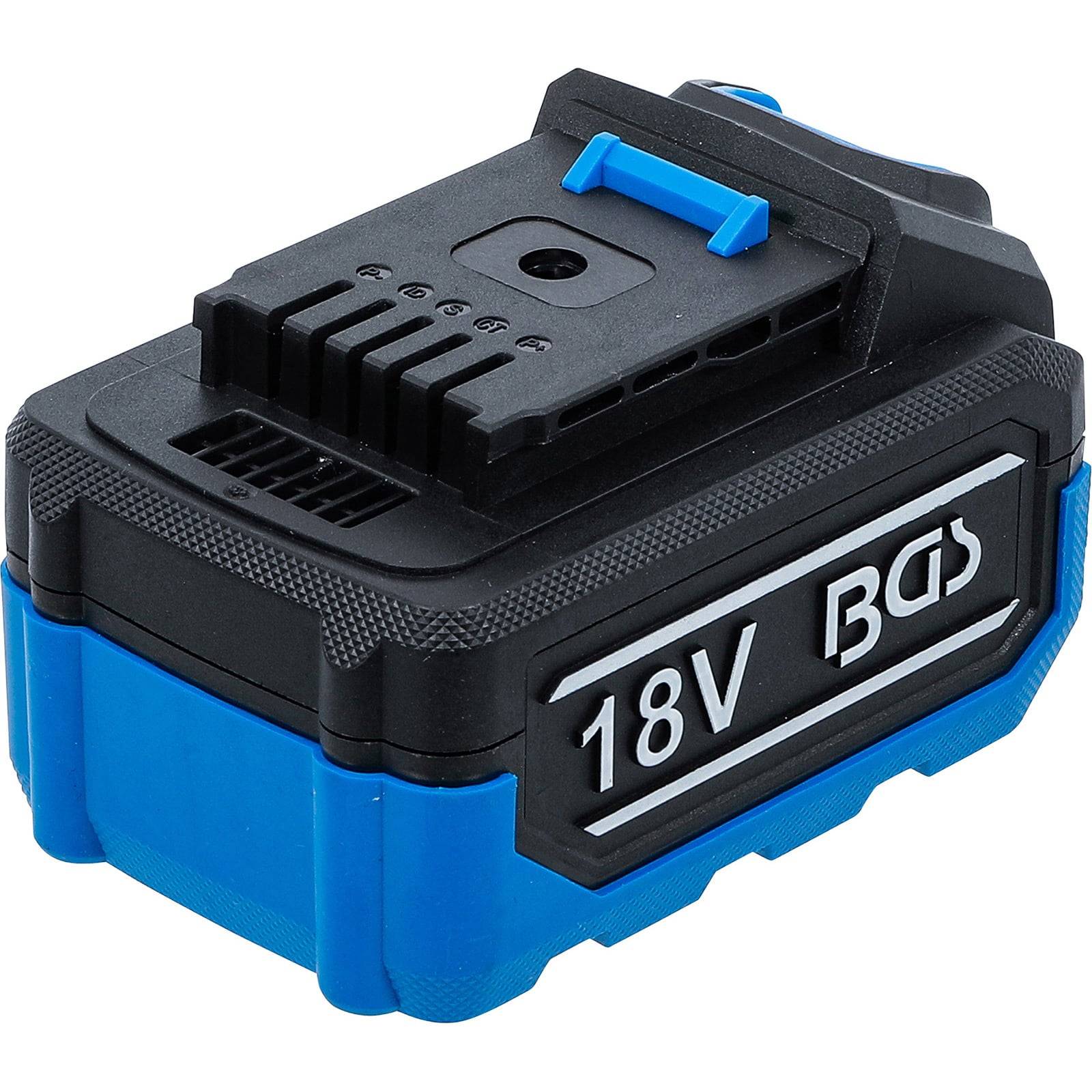 Eine blaue und schwarze wiederaufladbare Batterie mit der Aufschrift '18V BGS', mit sichtbarer Belüftungsöffnung und Anschlusspunkten, entwickelt für Elektrowerkzeuge.