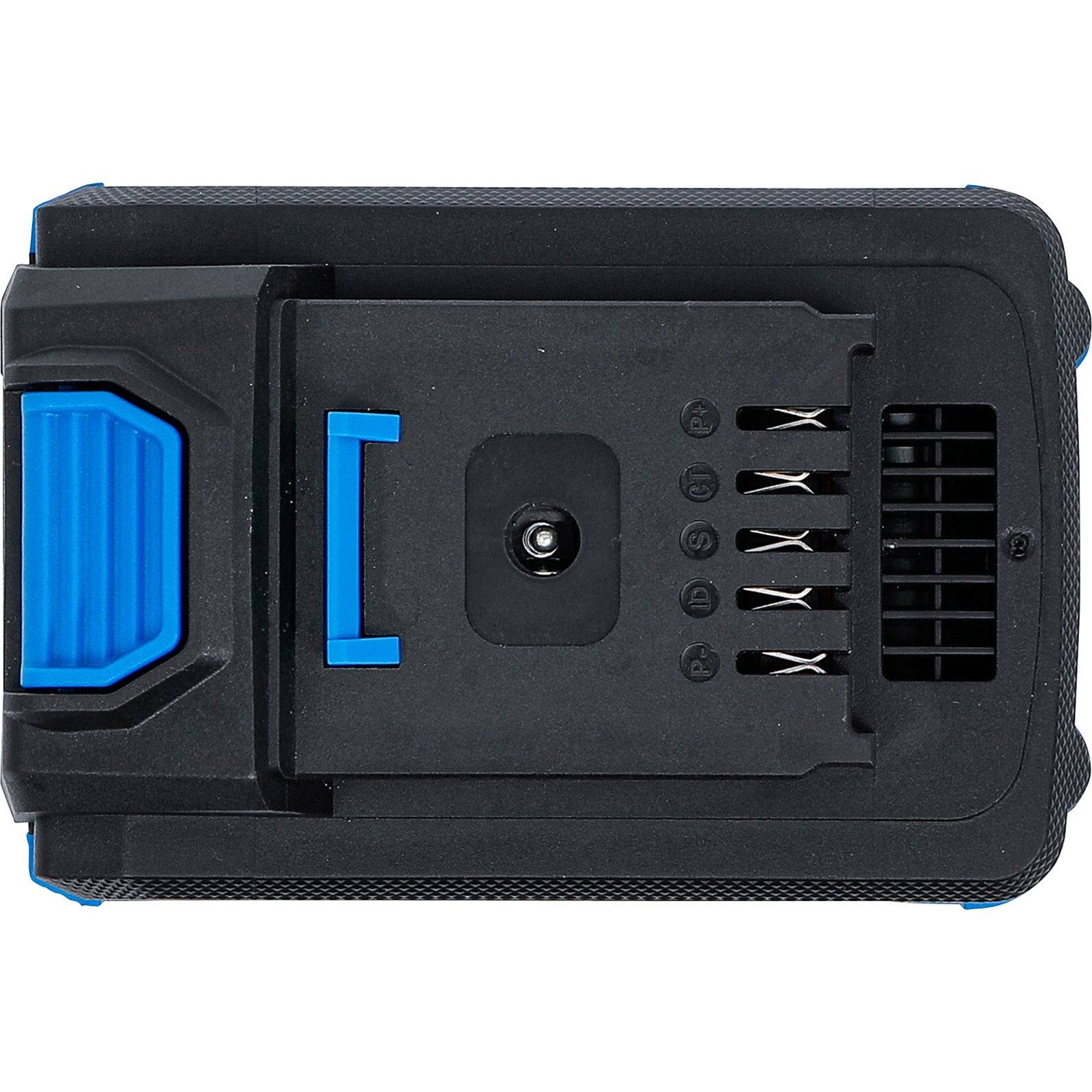 Eine schwarze und blaue wiederaufladbare Batterie mit sichtbaren Anschlüssen und einem Lüftungsgitter.