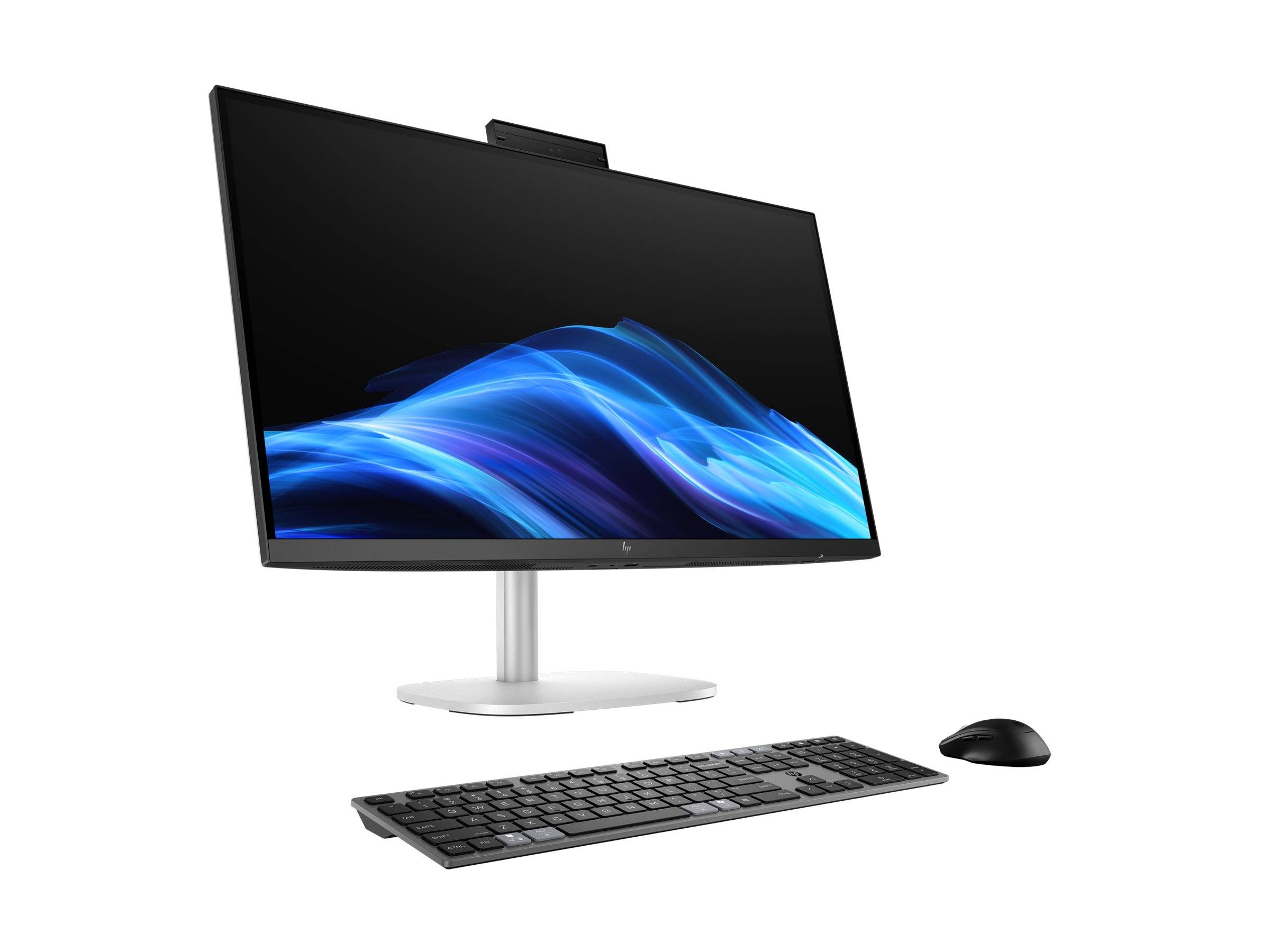 Eine elegante Computereinrichtung mit einem großen Monitor, auf dem blaue abstrakte Wellen dargestellt sind, ergänzt durch eine Tastatur und eine Maus auf weißem Hintergrund.