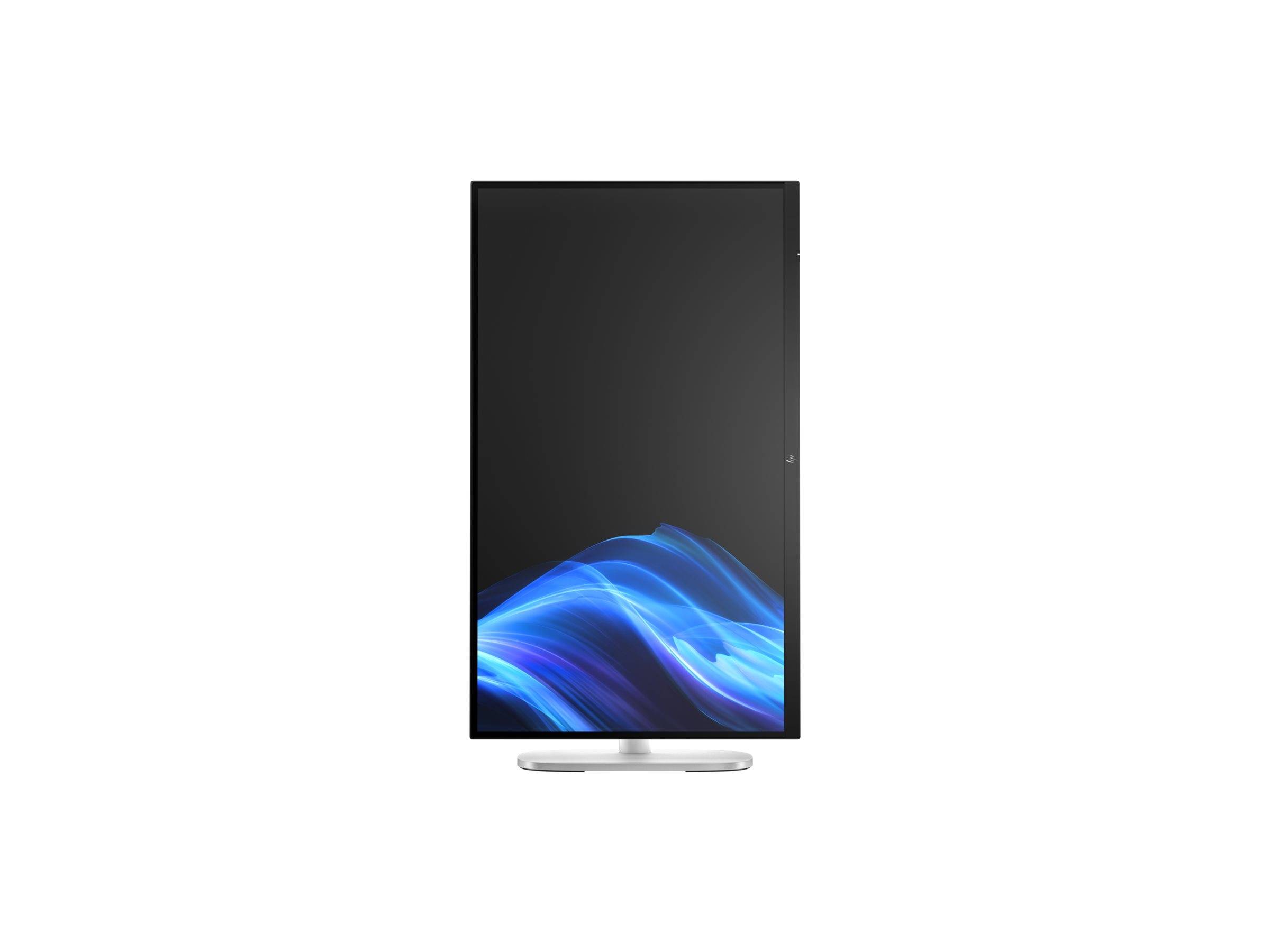 Ein schlanker, vertikaler Computerbildschirm, der abstrakte blaue Wellenstrukturen auf einem schwarzen Bildschirm zeigt.