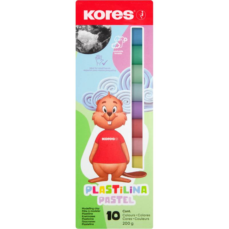 Packung mit Kores Plastilina Pastel Modelliermasse mit einem lächelnden Cartoon-Charakter und zehn pastellfarbenen Tonbarren.