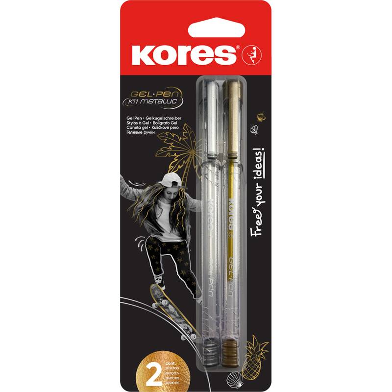 Kores Gel-Stift Metallic-Packung mit zwei Stiften und Skateboard-Grafik. Text lautet: 