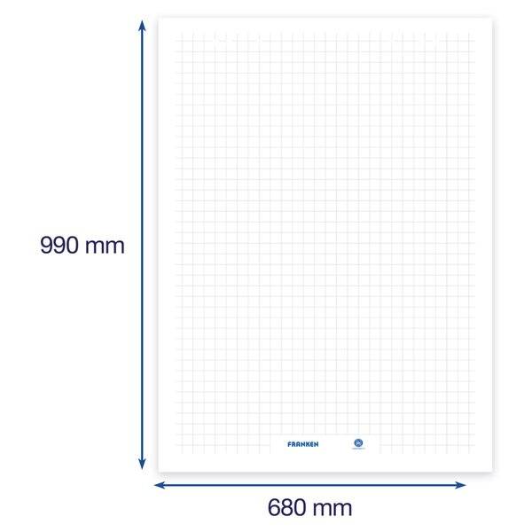 Technische Zeichnung eines rechteckigen FRANKEN-Whiteboards, 990 mm hoch und 680 mm breit, dargestellt mit Bemaßungspfeilen auf einem Gitterhintergrund.