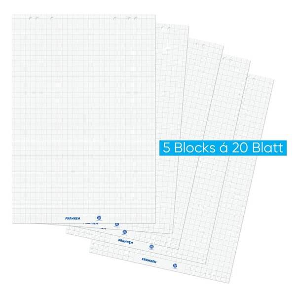 Fünf Blöcke Millimeterpapier gestapelt, beschriftet mit „5 Blöcke à 20 Blatt