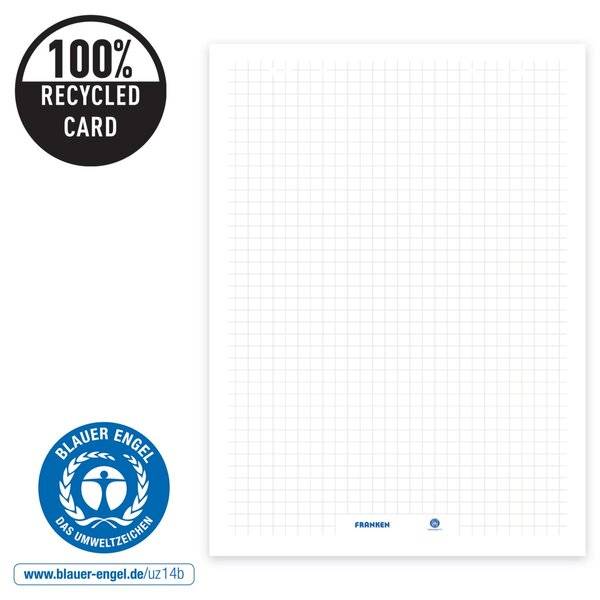 Blanko-Millimeterpapierblock mit Rastergitter und einem Etikett aus 100 % Recyclingkarton, plus Blauer-Engel-Umweltsiegel und Website am unteren Rand.
